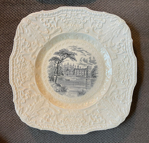 Square Black Transferware Newstead Abbey Home of Lord Byron Plate Scrolled Relief Border