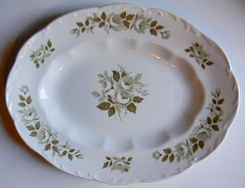 Vintage Sage / Olive Green Transferware Chantilly Roses Vintage English Platter can be displayed vertically or horizontally