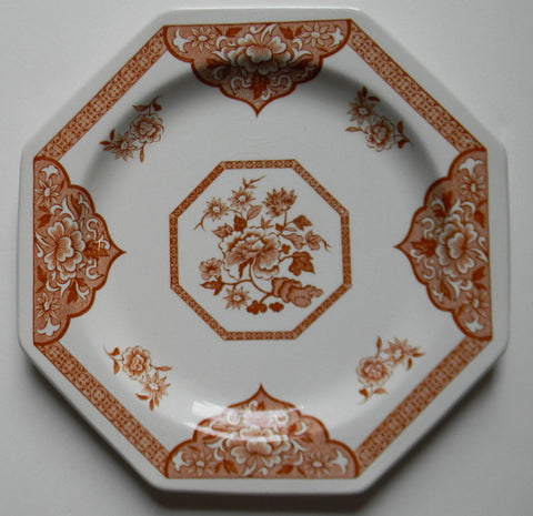 Rust Brown Transferware Octagon Shaped Plate Floral Chinoiserie Asian Toile