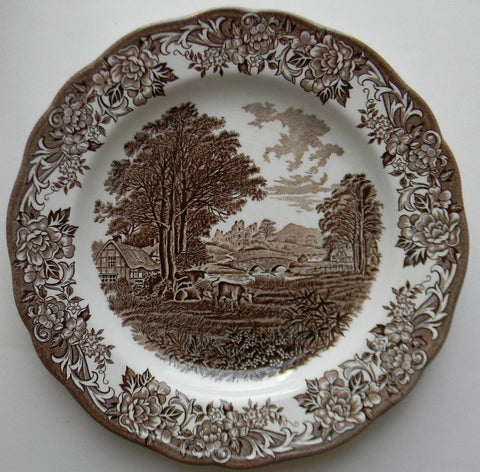 Brown Transferware Plate Cattle Scene Romantic England Grazing Cattle Roses Thatched Cottage