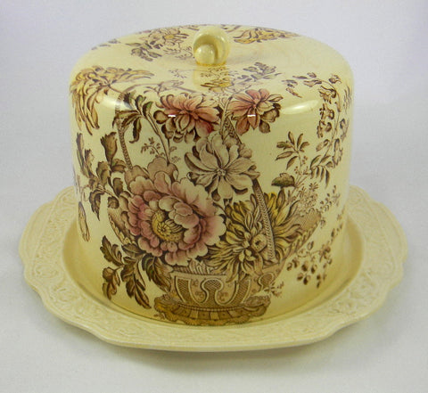 Vintage Charlotte Brown English Transferware Cheese Bell / Cheese Dome with Matching Embossed Platter Victorian Basket of Flowers