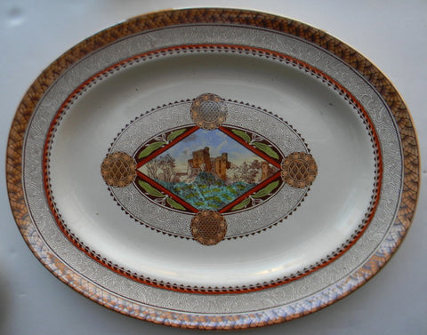 HUGE Antique Aesthetic Movement Transferware Platter Brown Polychrome Geometric Medallions Castle Scenery Brownfield & Sons