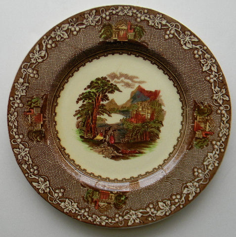 Brown Polychrome Transferware Plate Jenny Lind - Mountain & Castle Scenery - Royal Staffordshire - Hand Painted