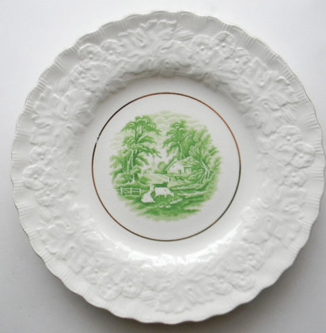 Green Transferware Charger Plate Relief Border Bucolic Scenery -Grazing Cattle Ducks English Cottage
