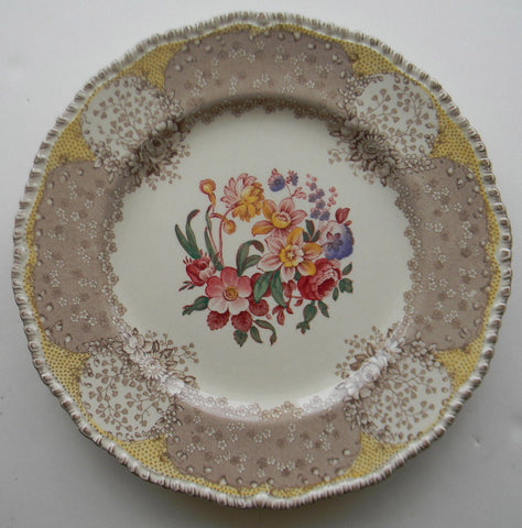 8" Vintage Brown & Red Bi Color Transferware English Polychrome Plate Royal Doulton Tulips Roses Flowers