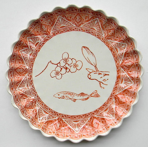 Aesthetic Movement Cayenne Red / Orange Transferware Plate Antique Spode Copeland Fluted Edge Water Lily Aquatic Scene Dragonfly Koi Fish  Pond