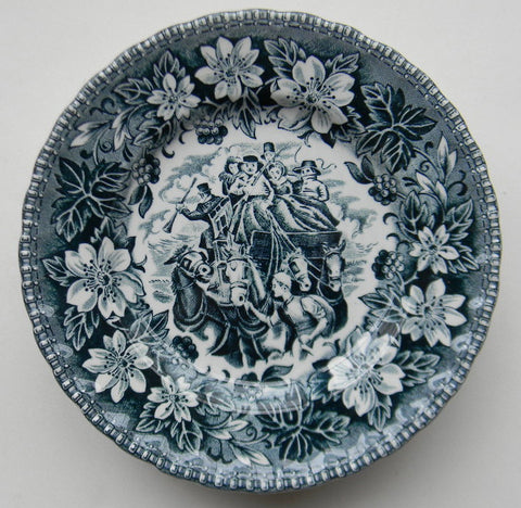 Teal Blue Transferware Plate Horses Carriage Florals Stagecoach