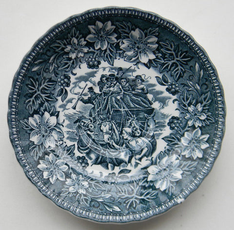 Vintage Teal Blue Transferware Saucer Plate Horses English Stagecoach Carriage Peonies