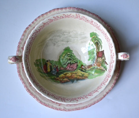 Vintage English Pink Transferware Cream Soup Bowl & Plate Royal Doulton Chatham