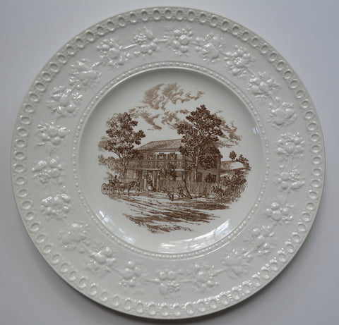 Brown English Transferware Charger Round Wedgwood Platter Greeley House Cottage Scenery Embossed Fruit & Flowers Border