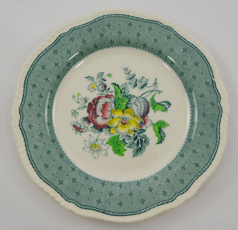 Green Transferware Plate Vintage Floral with Hand Painted Roses Ridgways