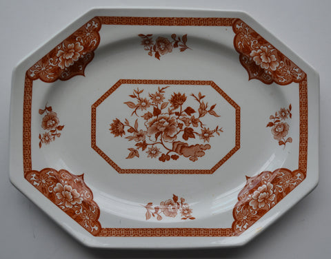 Rust Brown Transferware Ironstone Octagon Shaped Small Tray / Platter Floral Chinoiserie Oriental Toile
