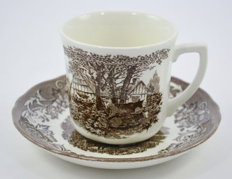 Romantic England by JG Meakin Brown Transferware Cup and Saucer Grazing Cattle Roses Thatched Cottage