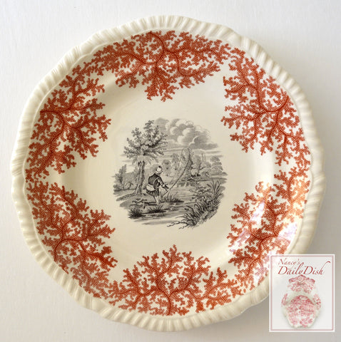 Spode Copeland Fly Fishing Plate Two Color Transferware Black & Brick Red
