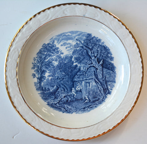 Vintage Blue & White Transferware Plate Mother Holding Infant Children Playing Alongside a Stream Gold Trim Roses