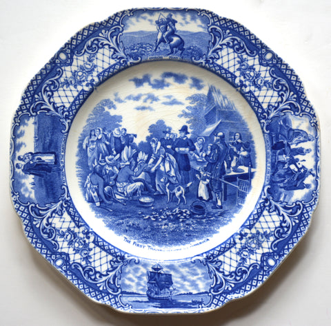 Blue Transferware Plate The First Thanksgiving Colonial Times American History / Historical Staffordshire