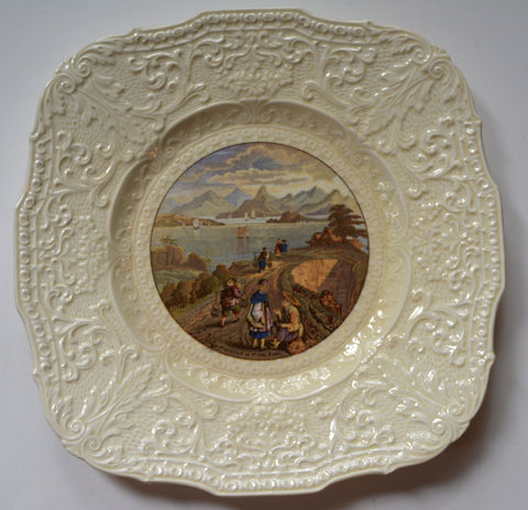 Antique View of Hong Kong Harbour Square Brown Transferware Hand Painted English Chinoiserie Plate Scrolled Relief Border