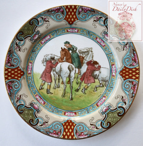 Circa 1905 Antique Royal Doulton Hugh Thomson Plate Female Equestrian - The Meet, Riders Mounting - Fox Hunt Scene English Staffordshire