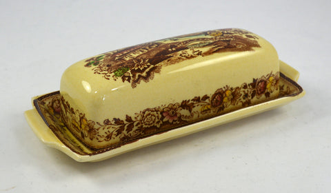 Brown English Transferware Covered Butter Dish Tonquin Swans Roses English China Hand Painted