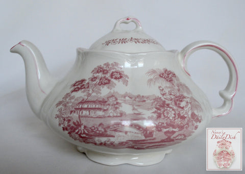 Pink / Red Toile Ironstone Transferware Tea Pot Teapot Tonquin English Waterfall Swans Sailboat