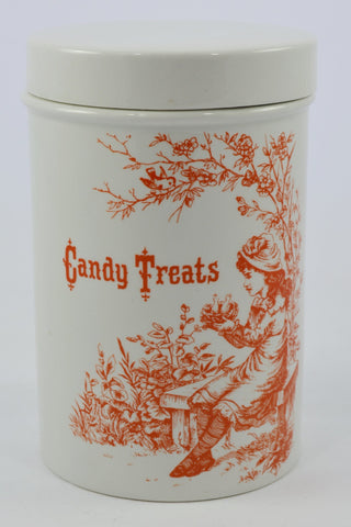 Adorable English Ironstone Candy Treats Jar Orange Print with Little Girl holding a Birds Nest Vintage Candy Jar