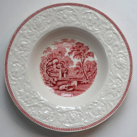Vintage Toile Rimmed Bowl Red Transferware  Embossed Border Pastoral Cottage Grazing Cows / Cattle