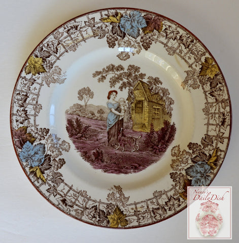 Spode Byron Brown Polychrome Transferware Salad Plate Mother Holding Baby