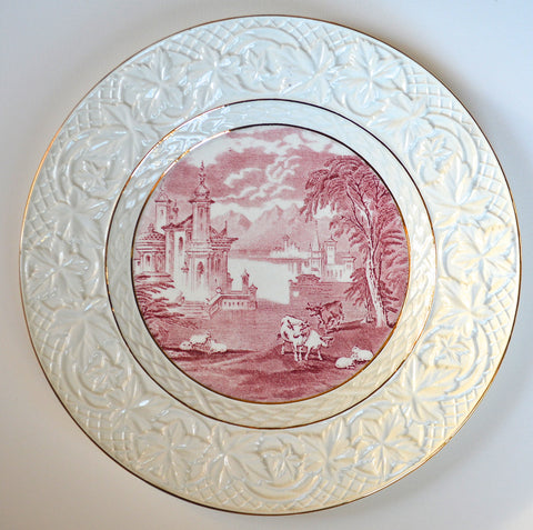 Vintage Red & Cream Toile Transferware Charger Platter Grazing Cattle Sheep Castle & Embossed Border