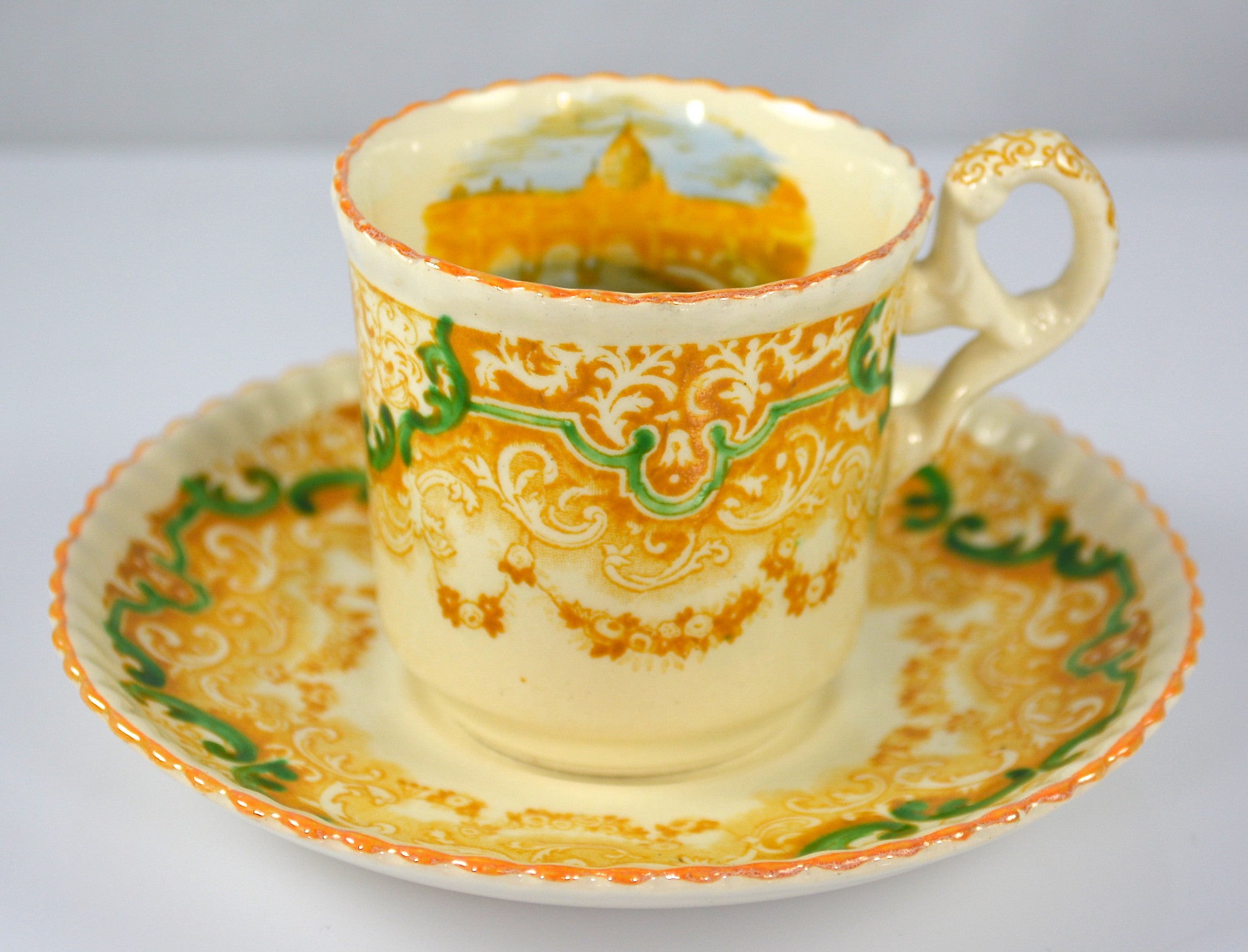 Yellow Transferware Spode Copeland Continental Views Demitasse Cup & S