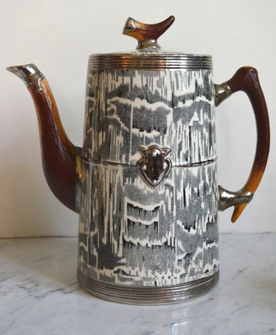 Antique Circa 1934 Faux Bois Black English Transferware Coffee / Water Pot Silver Shield Wood Grain Antler Shaped Details