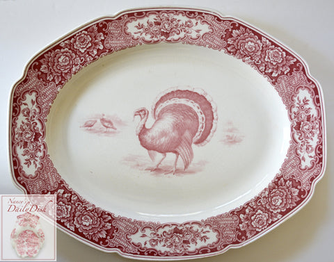 Huge Red Transferware Christmas or Thanksgiving Turkey Platter Crown Ducal Colonial Times