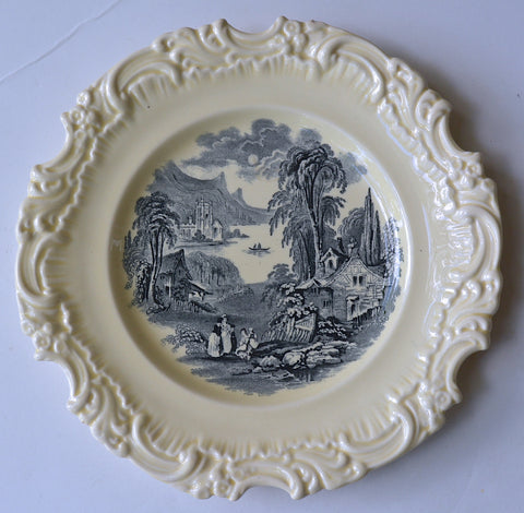 Vintage Royal Doulton Black Transferware Creamware Scenic French Cottage Plate Cutaway Embossed Border