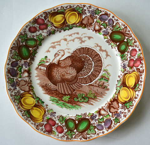 Antique / Vintage English Staffordshire China Turkey Charger Plate Barker Brothers Thanksgiving Dinner Turkey Platter Brown Transferware