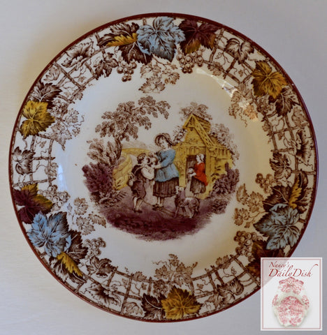 Spode Brown Transferware Saucer Plate Mother Boy Dog English Country Cottage