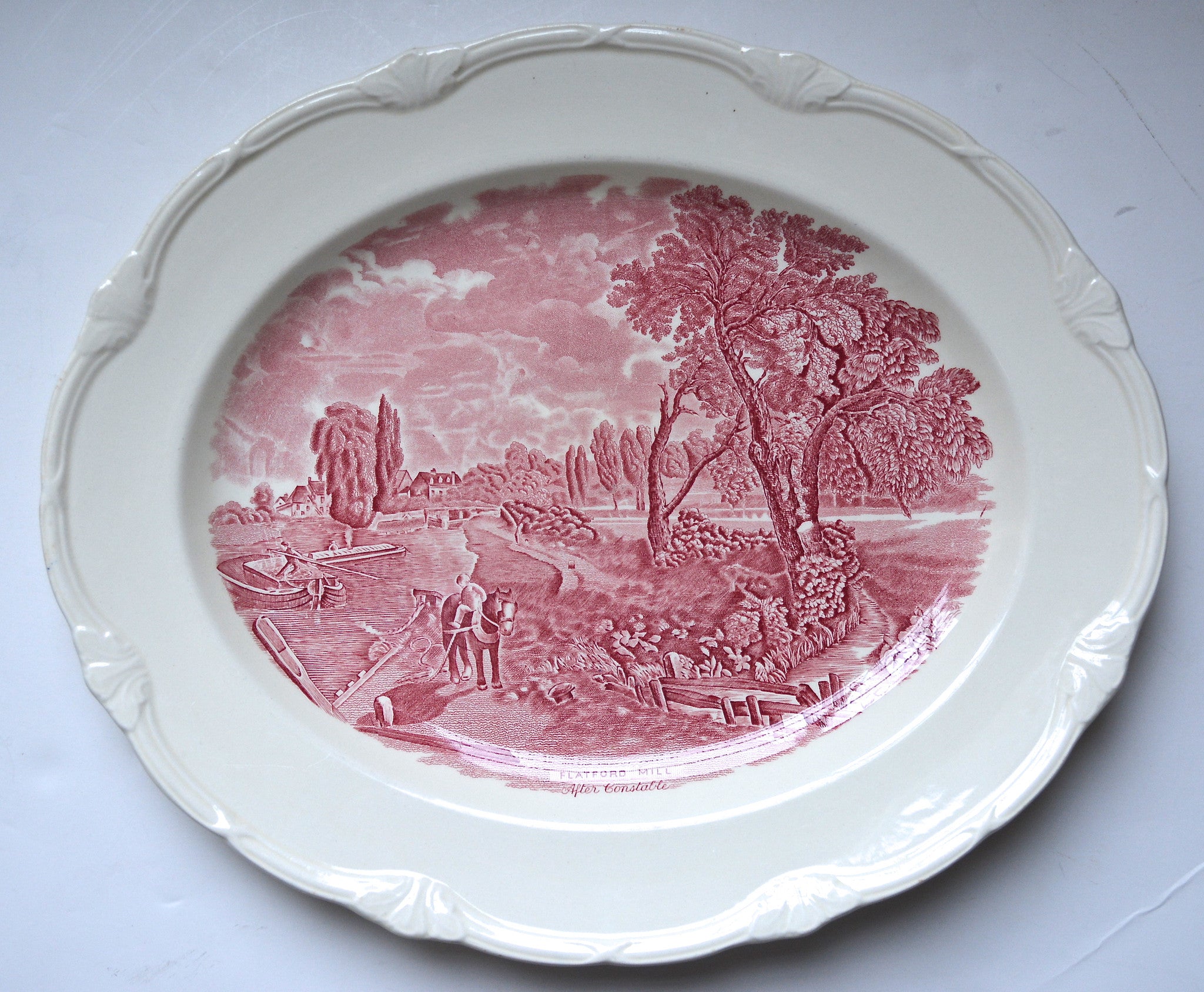 Lg Scenes After Constable Red / Pink Transferware Platter Flatford Mil