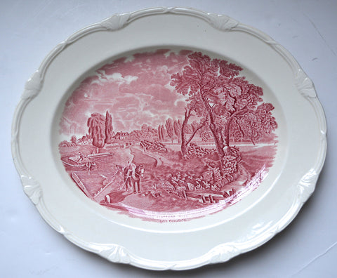 Lg Scenes After Constable Red / Pink Transferware Platter Flatford Mill Pastoral Scene Horse & Child