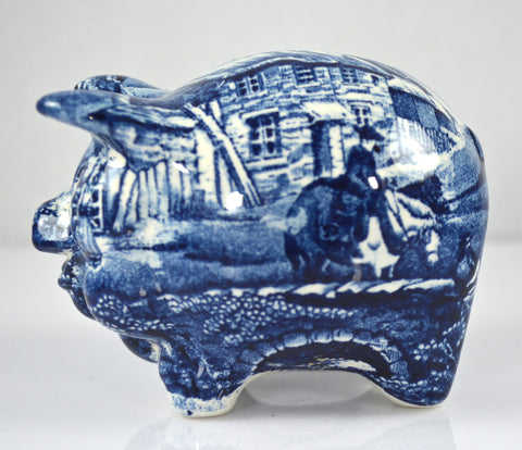 Vintage Figural Blue Transferware  Pig Piggy Bank English Village by James Kent Hard to Find
