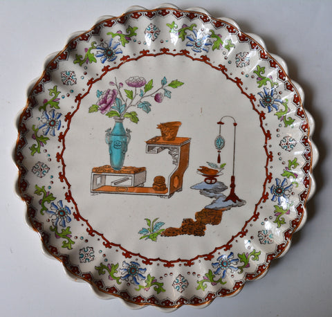 Antique Spode Canton Fluted Chinoiserie Plate Aesthetic Brown Transferware w/ Polychrome Clobbered accents and Lustre