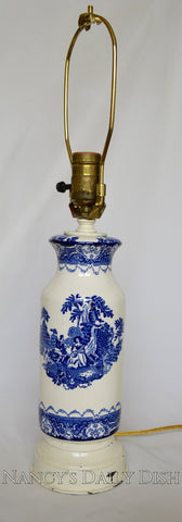 19th C Watteau English Transferware Blue & White Lamp Musical Serenade New Wharf Pottery