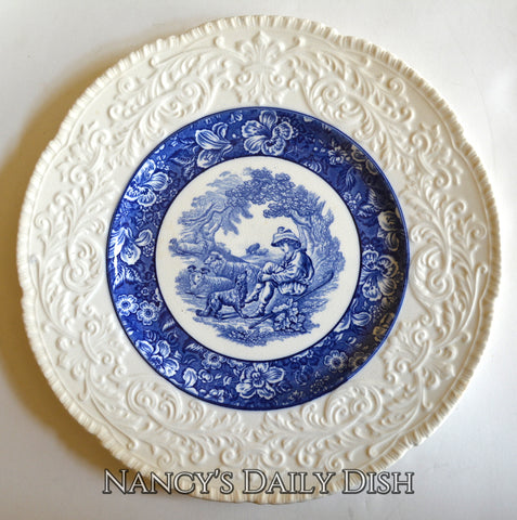 French Country Blue Transferware Charger Round Platter Shepherd Boy w/ His Dog & Sheep Embossed Border