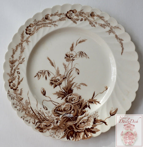 Vintage 10" Floral Brown Transferware Scalloped Plate Harvest Poppies Wheat