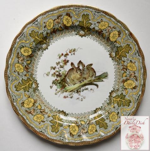 Antique Royal Doulton Pair of Bunny Rabbits with Leeks & Ivy Leaves Plate Hand Painted Green & Brown Two Color Transferware