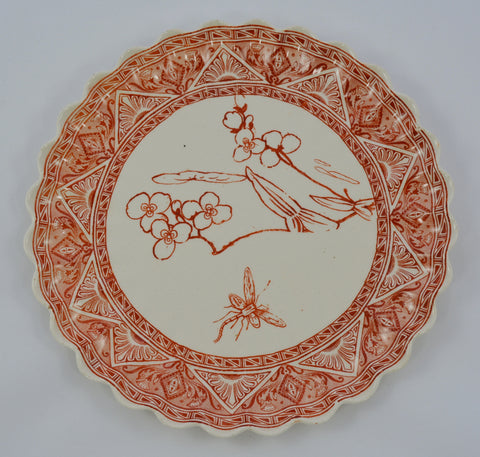 Aesthetic Movement Rust / Brick Red Transferware Plate Antique Spode Copeland Fluted Edge Water Lily Aquatic Scene Dragonfly  Pond
