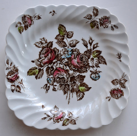 Shabby Pink and Aqua Blue Roses Vintage Brown Transferware Square Plate English