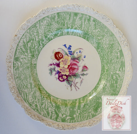 Circa 1930 Faux Bois Green Hand Painted English Transferware Charger Plate Bouquet of Roses and Flowers STUNNING