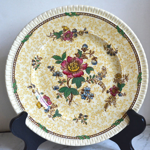 Antique Staffordshire Yellow Chintz & Brown Two Color Transferware Plate Roses Flowers