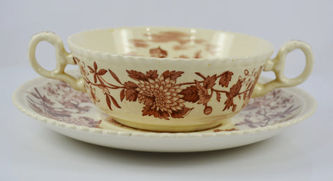 Vintage Spode Aster Brown Transferware Dual Handled Soup Bowl & Plate Copeland Beverley Italian Countryside