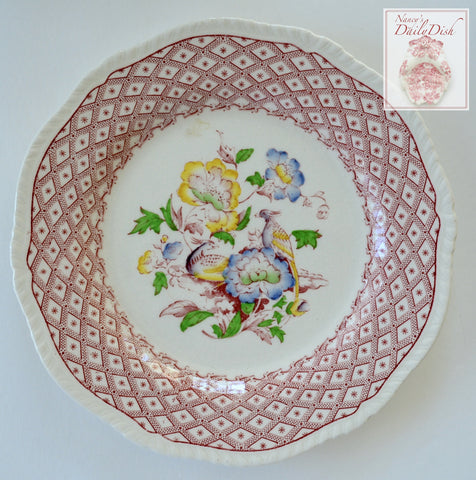 English Earthenware Red Transferware Plate Hand Painted Victorian Bouquet of Flowers & Birds Ridgway