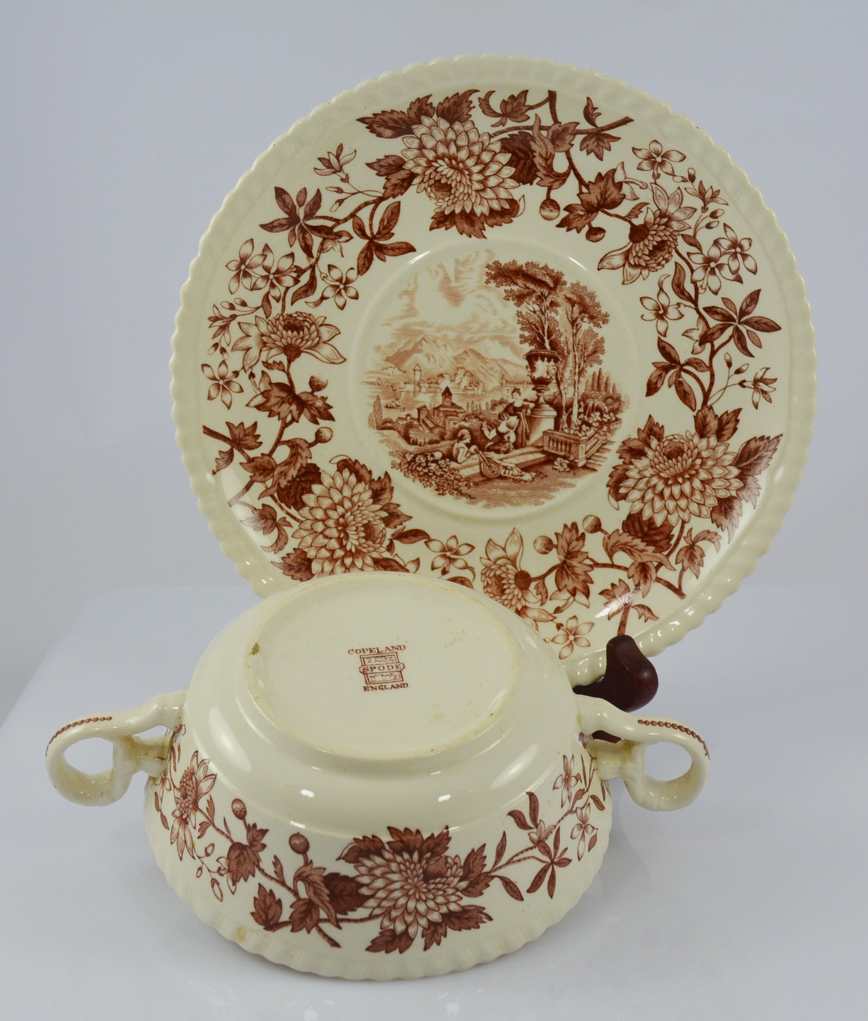 Vintage Spode Aster Brown Transferware Dual Handled Soup Bowl & Plate