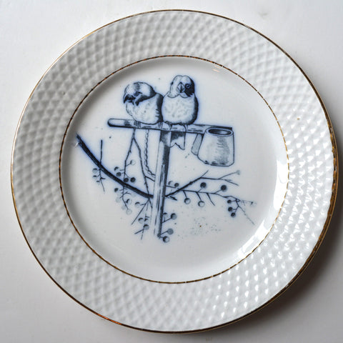 Antique Aesthetic Flow Navy Blue Transferware Plate Birds on a Perch Embossed Border